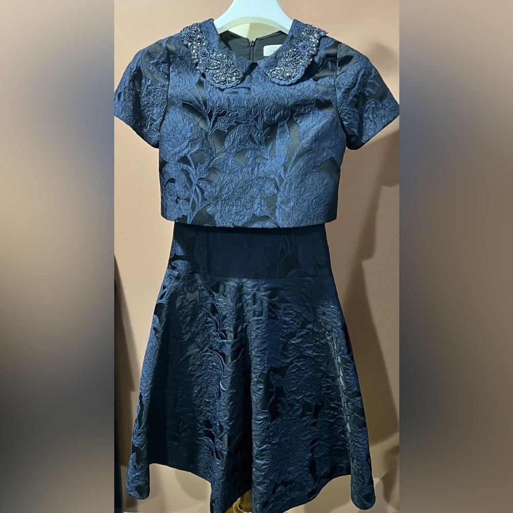 teri jon jacquard short sleeve beaded collared navy dress size 2